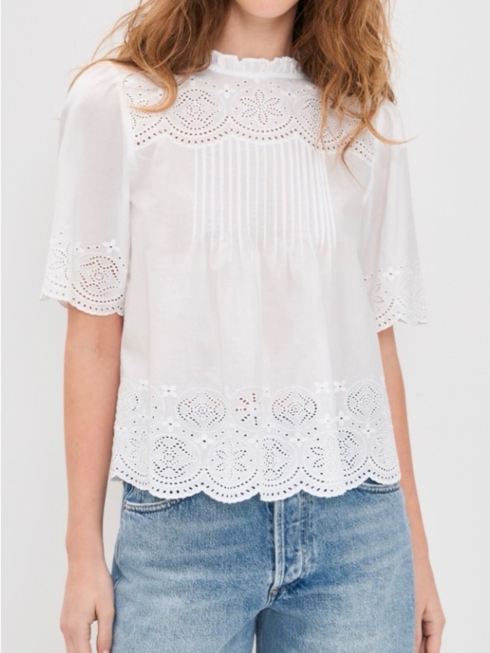 NWT Madewell Embroidered Pintuck High Neck Cotton Voile Top Sz XS $110